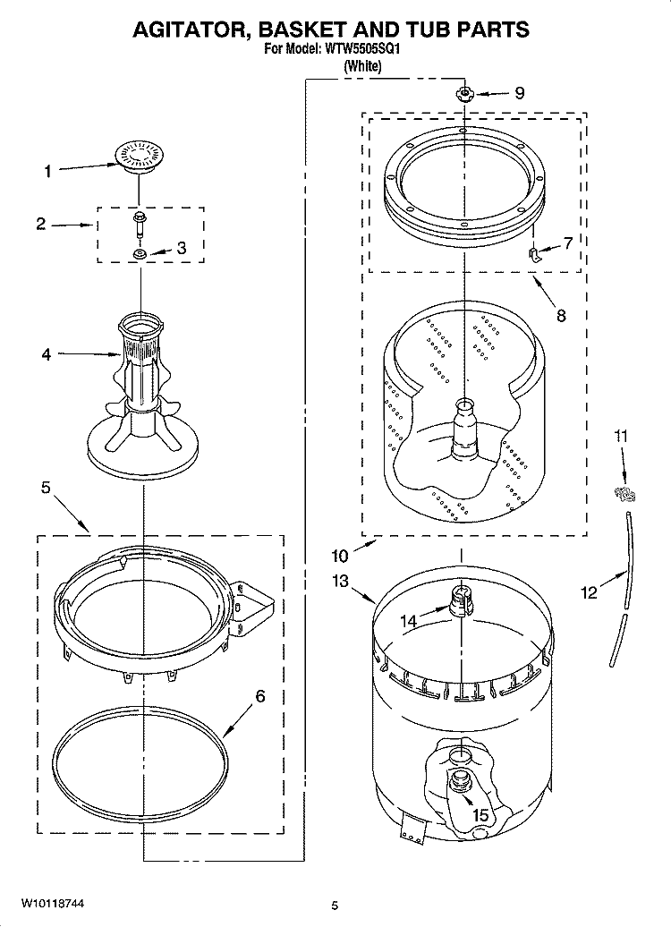 AGITATOR, BASKET AND TUB PARTS Diagram and Parts List for WTW5505SQ1  Whirlpool Washer