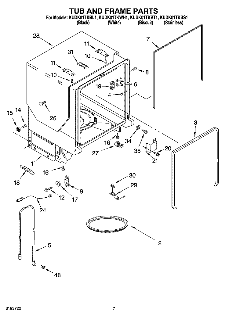 TUB AND FRAME PARTS Diagram and Parts List for KUDK01TKBT1  KitchenAid Dishwasher