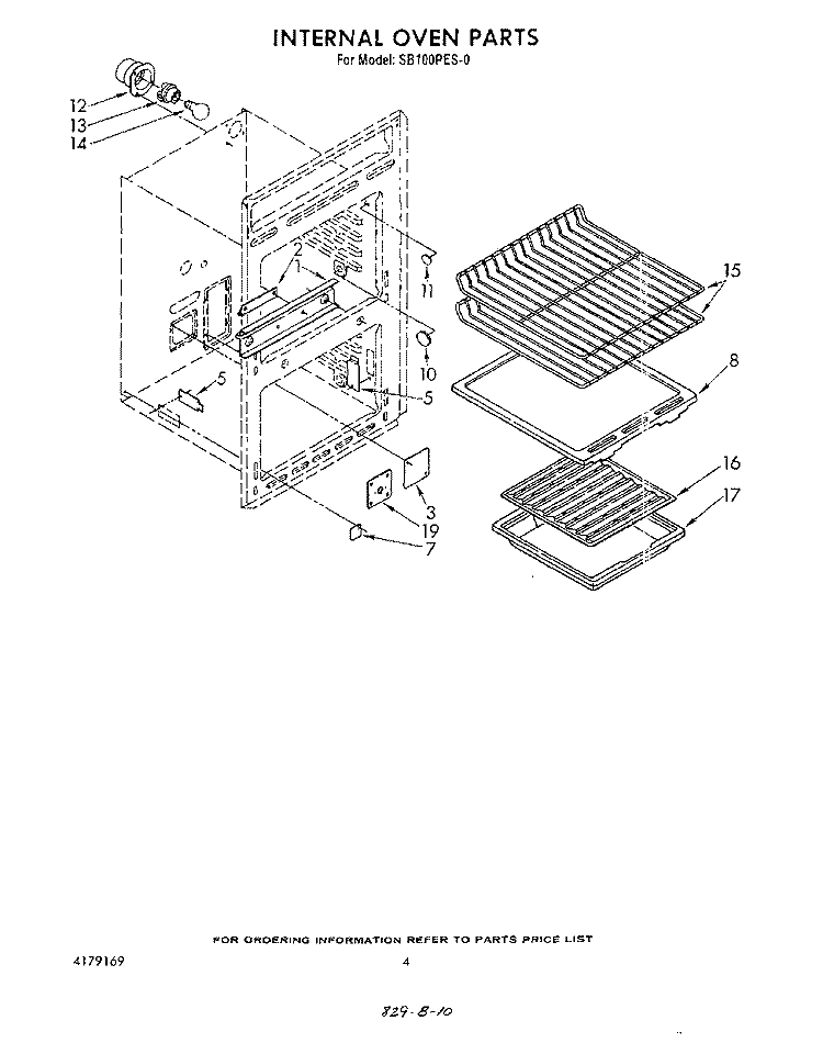 INTERNAL OVEN Diagram and Parts List for SB100PES0  Whirlpool Range