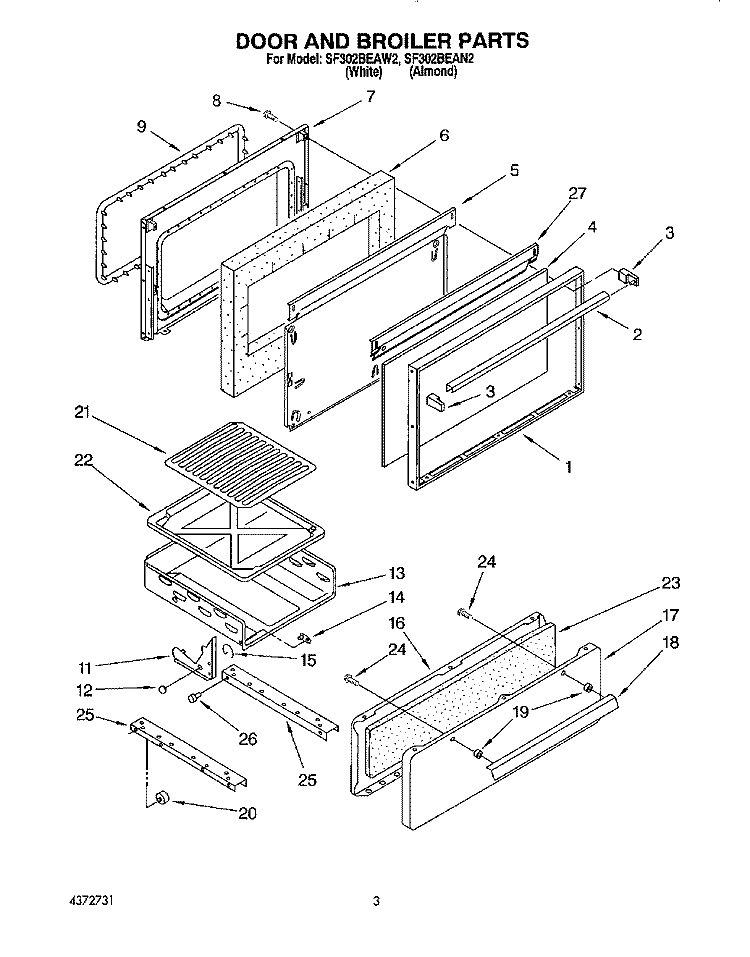 DOOR AND BROILER Diagram and Parts List for SF302BEAW2  Whirlpool Range