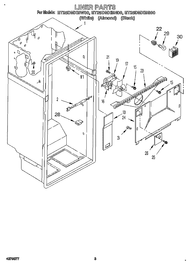 LINER Diagram and Parts List for ET25DMXBW00  Whirlpool Refrigerator