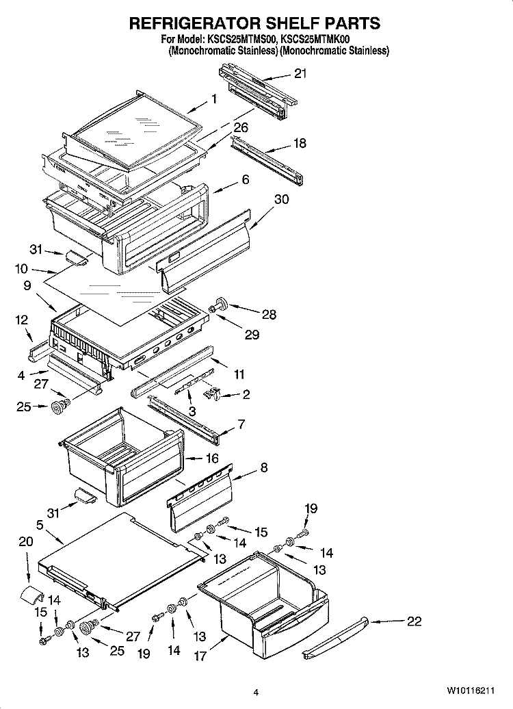 REFRIGERATOR SHELF PARTS Diagram and Parts List for KSCS25MTMS00  KitchenAid Refrigerator