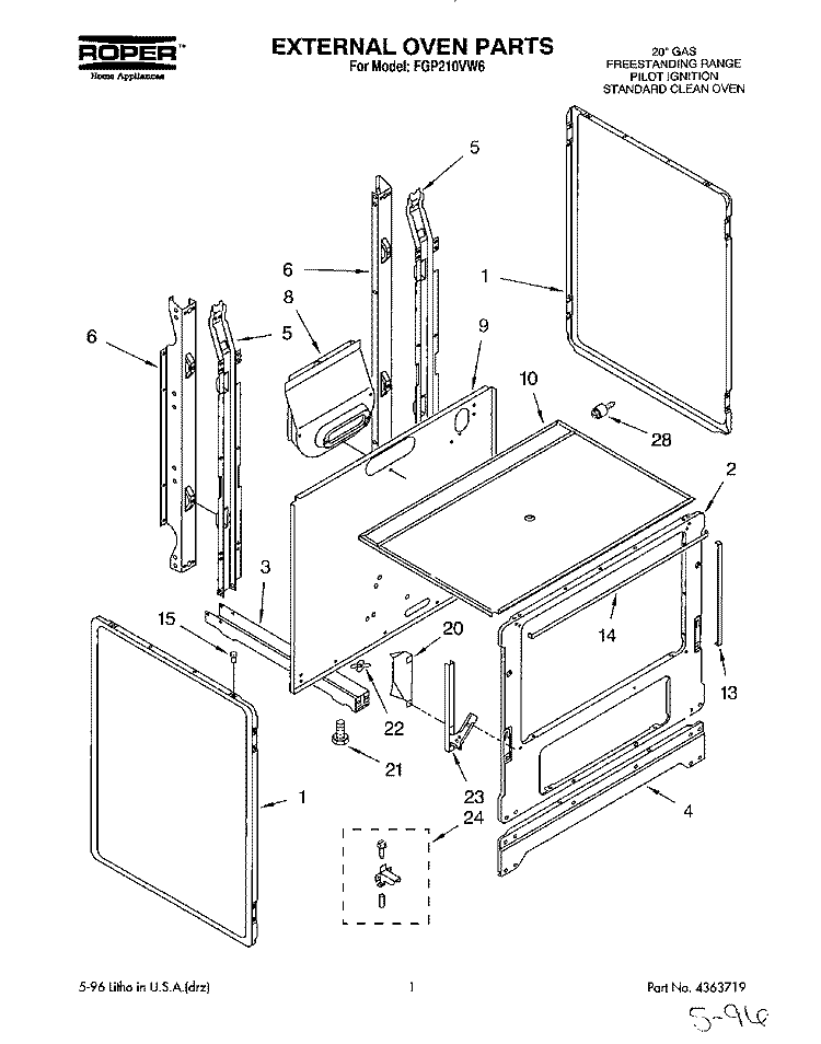 EXTERNAL OVEN Diagram and Parts List for FGP210VW6  Roper Range