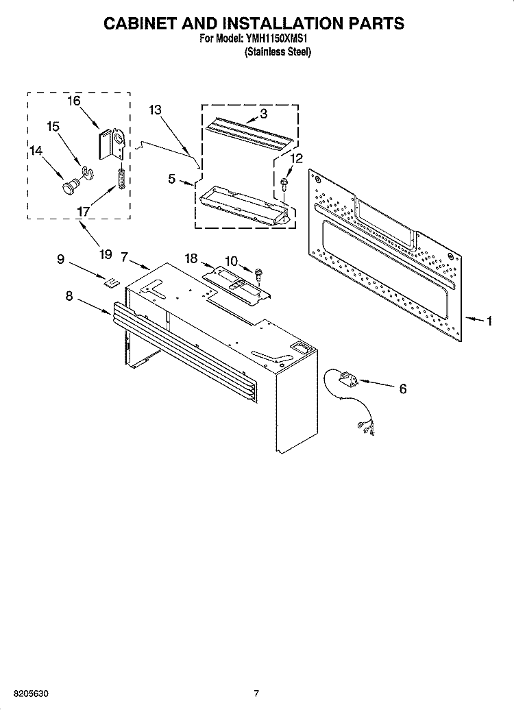 CABINET AND INSTALLATION PARTS Diagram and Parts List for YMH1150XMS1  Whirlpool Microwave