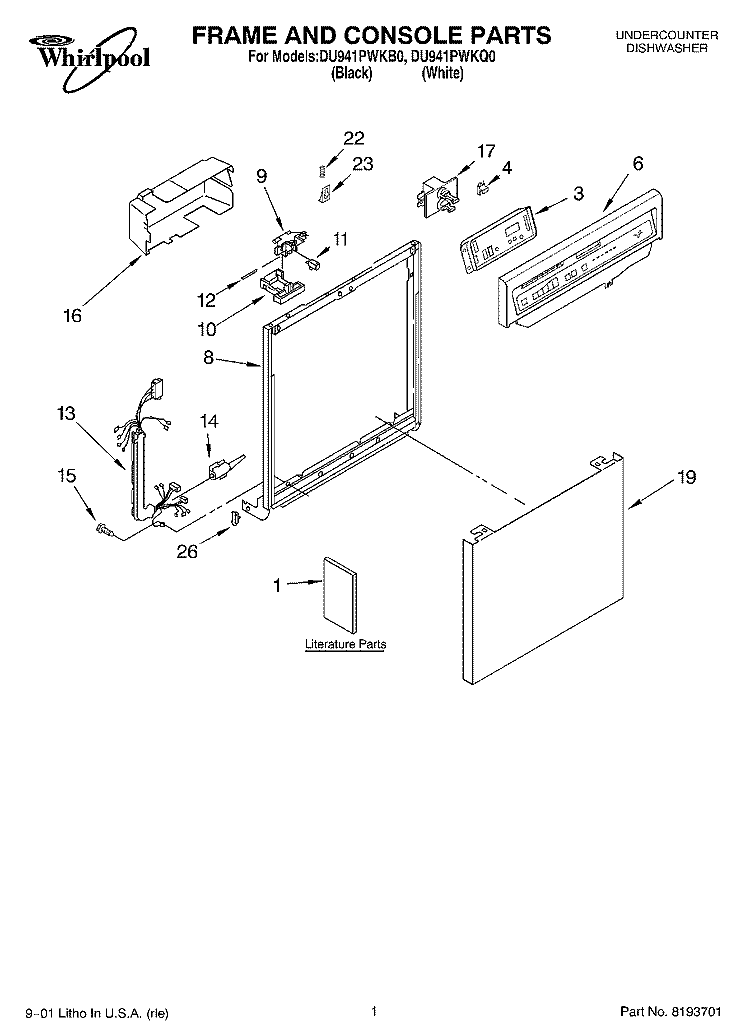 FRAME AND CONSOLE, LITERATURE Diagram and Parts List for DU941PWKB0  Whirlpool Dishwasher