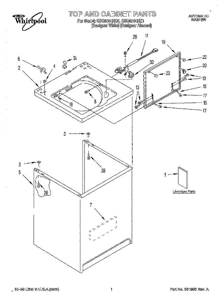 TOP AND CABINET, LITERATURE Diagram and Parts List for GSQ9364HZ0  Whirlpool Washer