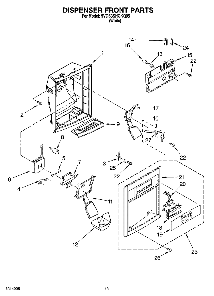 DISPENSER FRONT PARTS Diagram and Parts List for 5VGS3SHGKQ05  Whirlpool Refrigerator