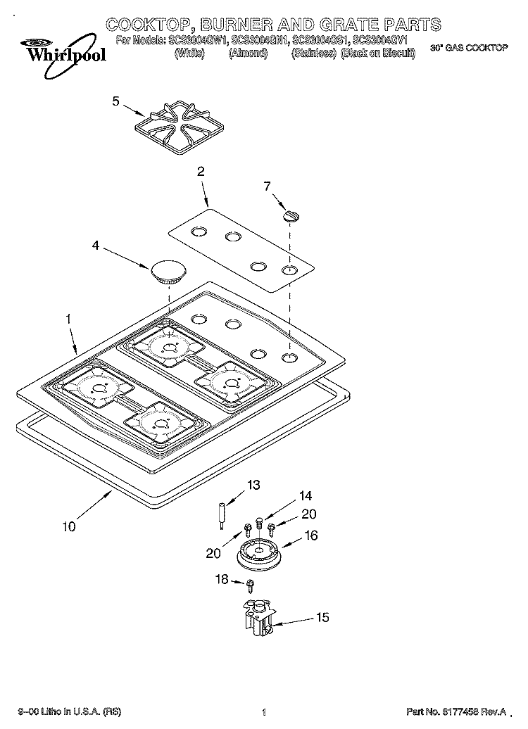 COOKTOP, BURNER AND GRATE Diagram and Parts List for SCS3004GN1  Whirlpool Cooktop