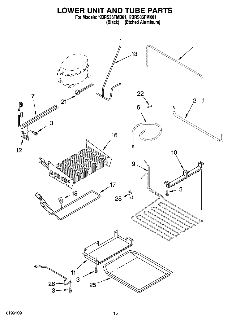 LOWER UNIT AND TUBE PARTS Diagram and Parts List for KBRS36FMX01  KitchenAid Refrigerator