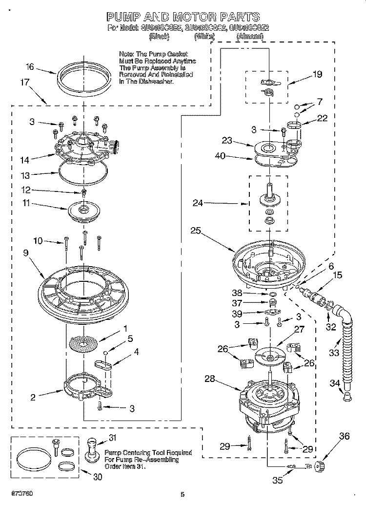 PUMP AND MOTOR Diagram and Parts List for GU940SCGQ2  Whirlpool Dishwasher