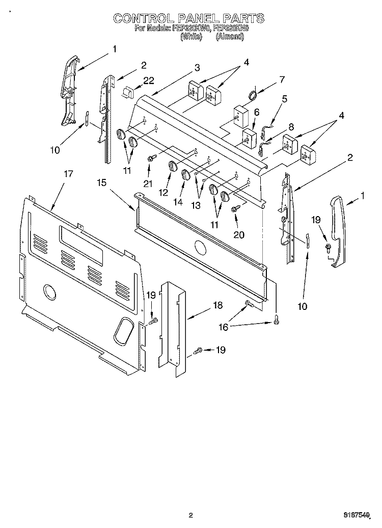 CONTROL PANEL Diagram and Parts List for FEP320KW0  Roper Range