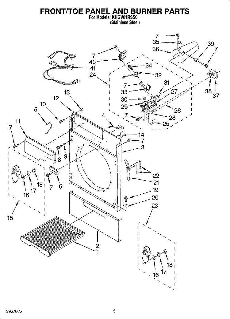 FRONT/TOE PANEL AND BURNER PARTS Diagram and Parts List for KHGV01RSS0  KitchenAid Dryer