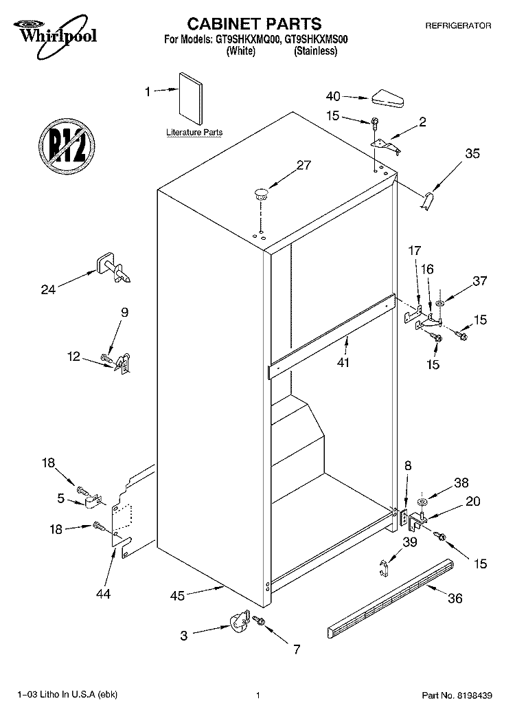 CABINET PARTS Diagram and Parts List for GT9SHKXMS00  Whirlpool Refrigerator