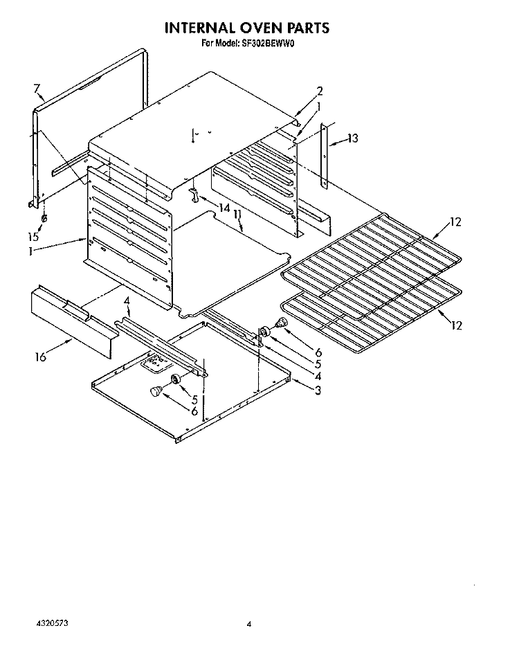 INTERNAL OVEN Diagram and Parts List for SF302BEWW0  Whirlpool Range
