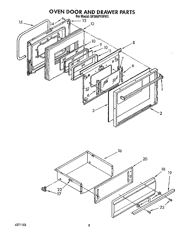OVEN DOOR AND DRAWER Diagram and Parts List for SF386PEWW3  Whirlpool Range
