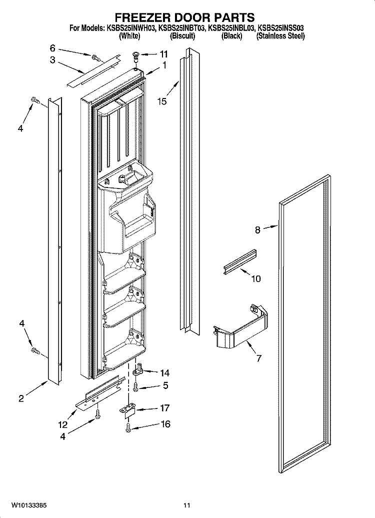 FREEZER DOOR PARTS Diagram and Parts List for KSBS25INBL03  KitchenAid Refrigerator
