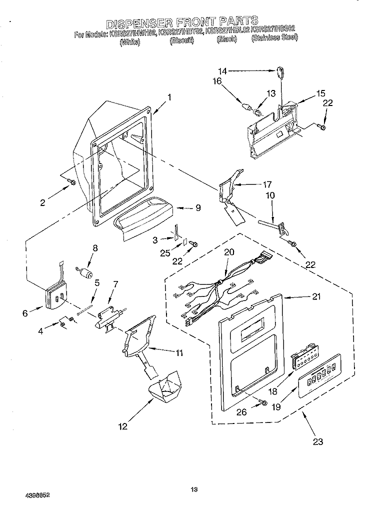DISPENSER FRONT Diagram and Parts List for KSRS27IHWH02  KitchenAid Refrigerator