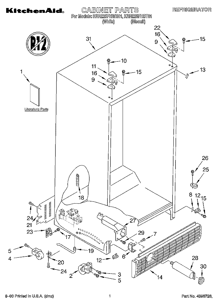 CABINET, LITERATURE Diagram and Parts List for KSRE25FHBT01  KitchenAid Refrigerator
