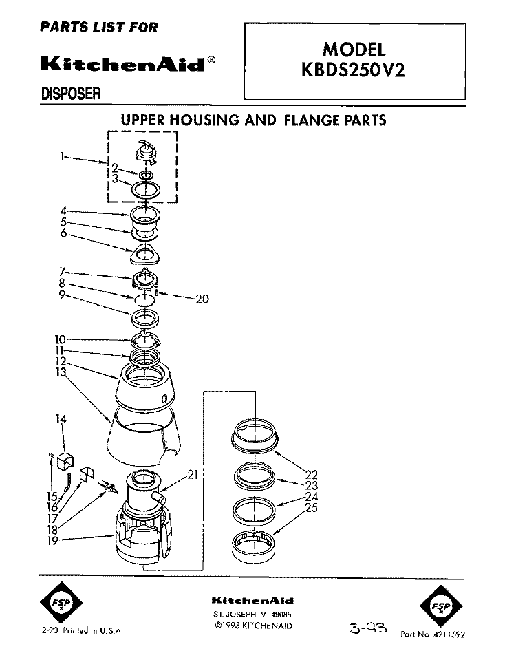 SECTION Diagram and Parts List for KBDS250V2  KitchenAid Food Waste Disposer