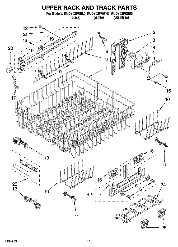 UPPER RACK AND TRACK PARTS Diagram and Parts List for KUDS02FRWH0  KitchenAid Dishwasher