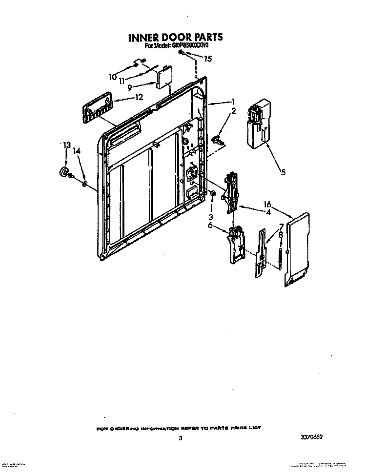 INNER DOOR Diagram and Parts List for GDP8500XXN0  Whirlpool Dishwasher