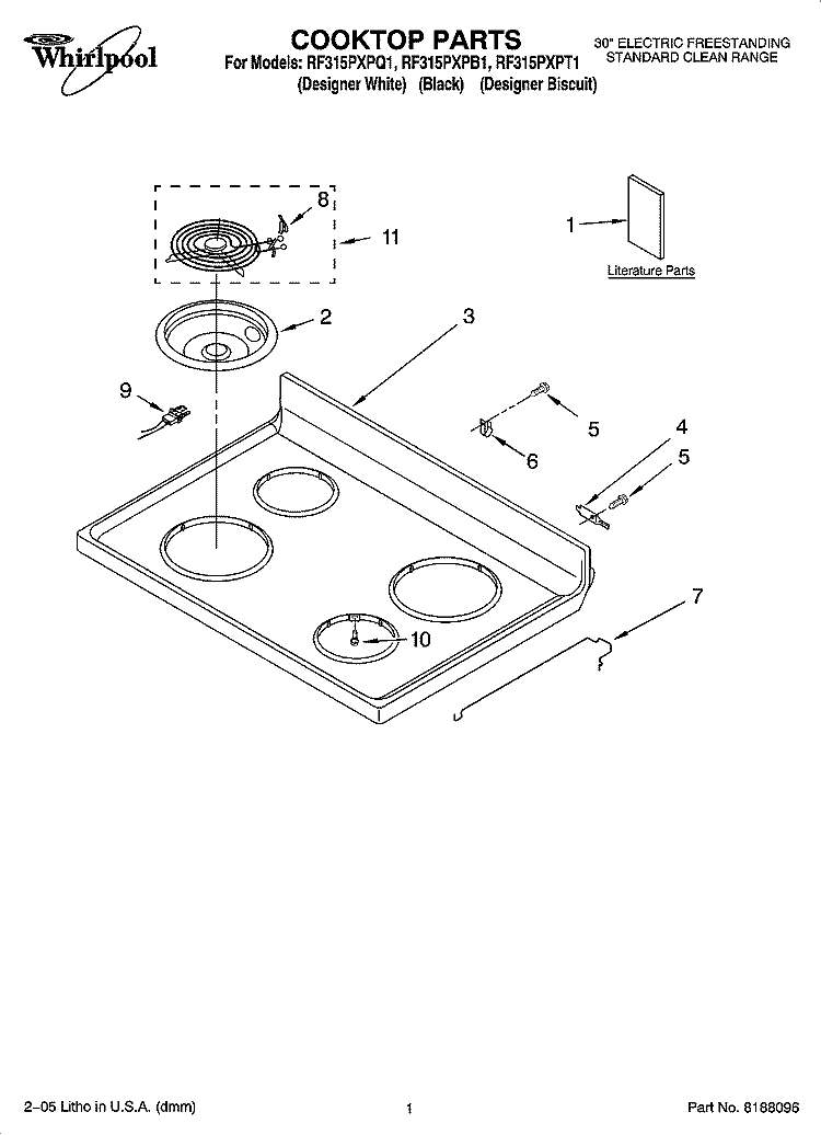 COOKTOP PARTS Diagram and Parts List for RF315PXPB1  Whirlpool Range