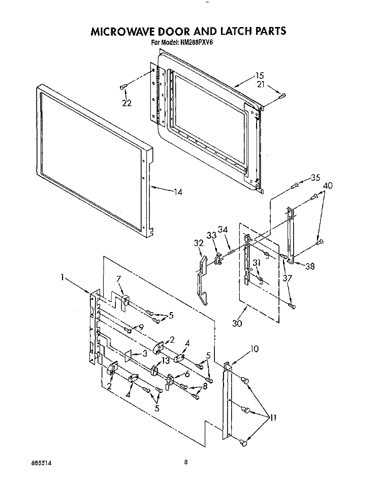 MICROWAVE DOOR AND LATCH Diagram and Parts List for RM288PXV6  Whirlpool Microwave Oven Combo