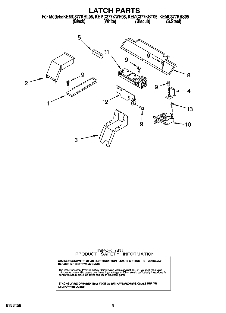 LATCH PARTS Diagram and Parts List for KEMC377KWH05  KitchenAid Microwave Oven Combo