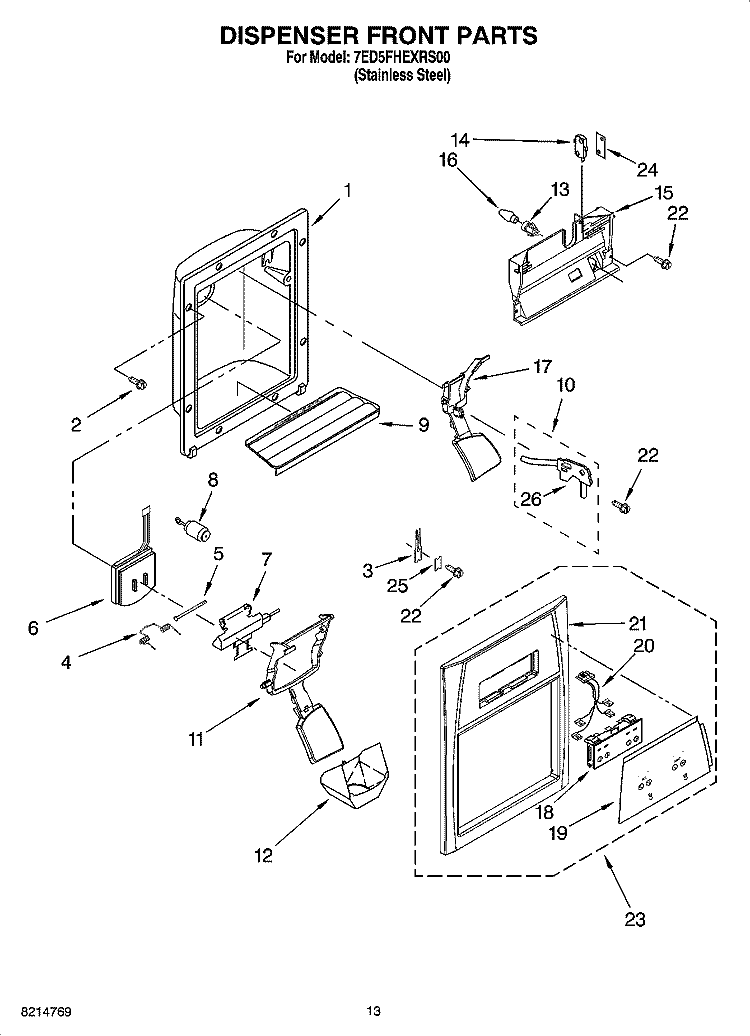 DISPENSER FRONT PARTS Diagram and Parts List for 7ED5FHEXRS00  Whirlpool Refrigerator