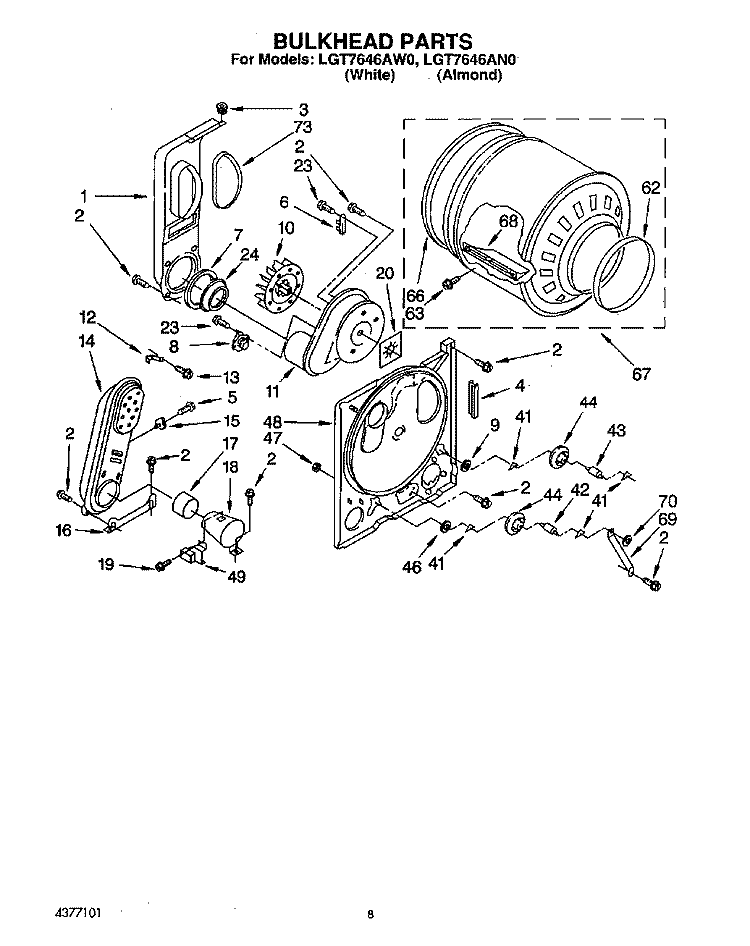 BULKHEAD Diagram and Parts List for LGT7646AW0  Whirlpool Dryer