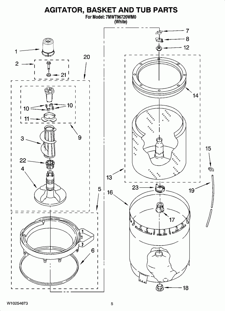 AGITATOR, BASKET AND TUB PARTS Diagram and Parts List for 7MWT96720WM0  Whirlpool Washer