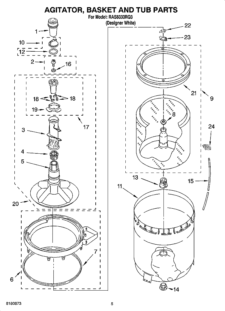 AGITATOR, BASKET AND TUB PARTS Diagram and Parts List for RAS8333RQ3  Roper Washer