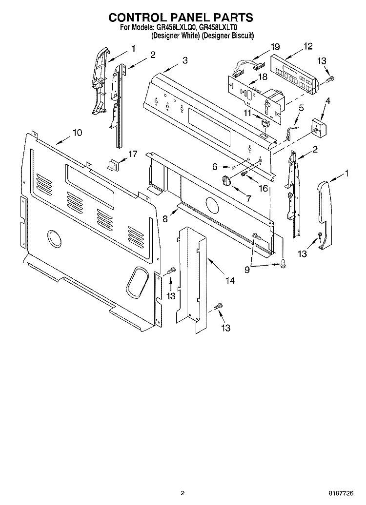 CONTROL PANEL Diagram and Parts List for GR458LXLT0  Whirlpool Range