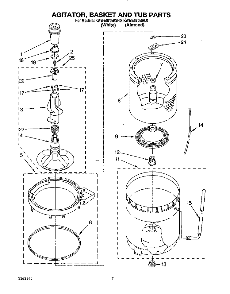 AGITATOR, BASKET, AND TUB Diagram and Parts List for KAWE570BWH0  KitchenAid Washer