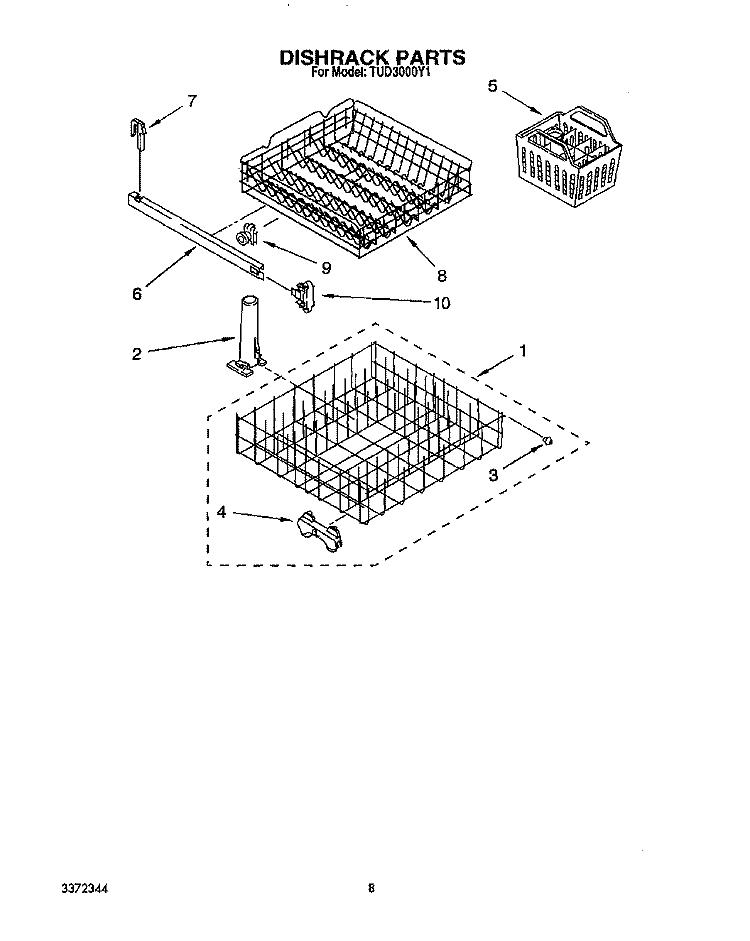 DISHRACK Diagram and Parts List for TUD3000Y1  Whirlpool Dishwasher
