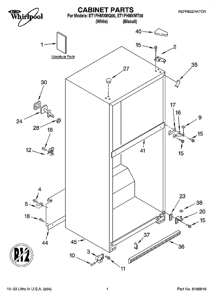 CABINET PARTS Diagram and Parts List for ET1FHMXMT00  Whirlpool Refrigerator