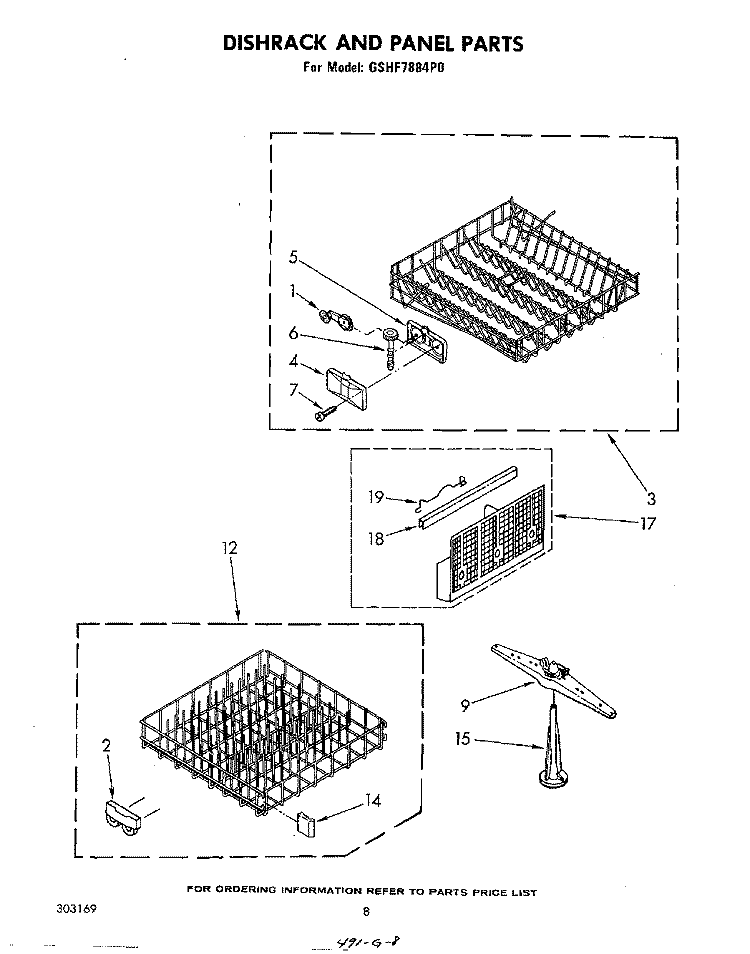 DISHRACK AND PANEL Diagram and Parts List for GSHF7884P0  Whirlpool Dishwasher