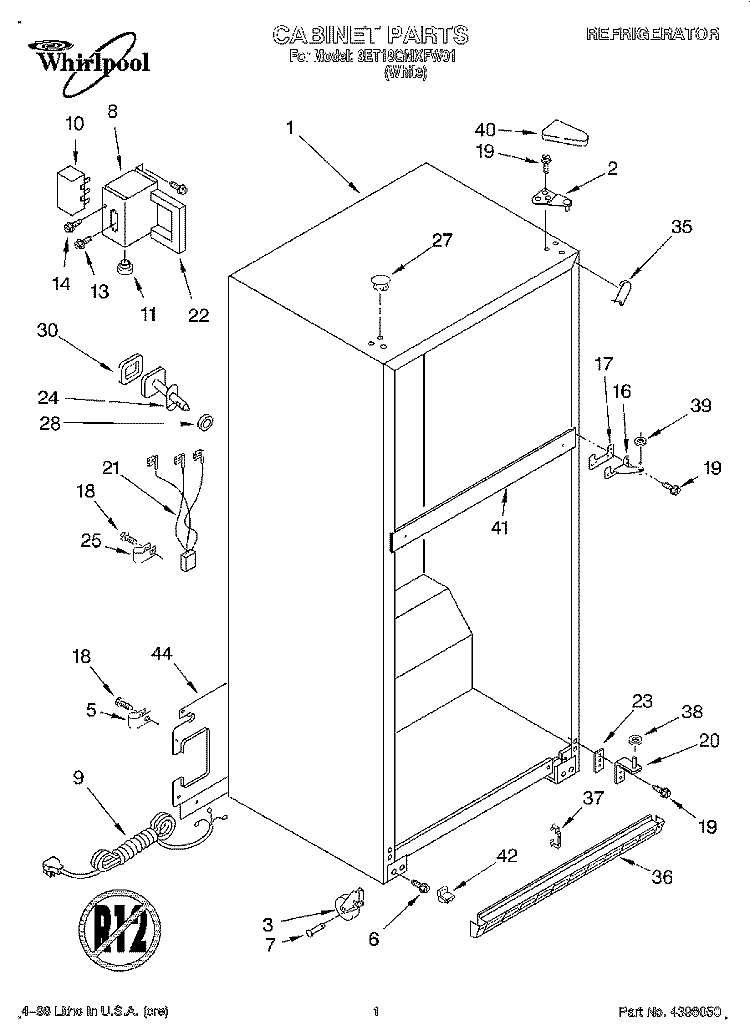 CABINET Diagram and Parts List for 3ET18GMXFW01  Whirlpool Refrigerator