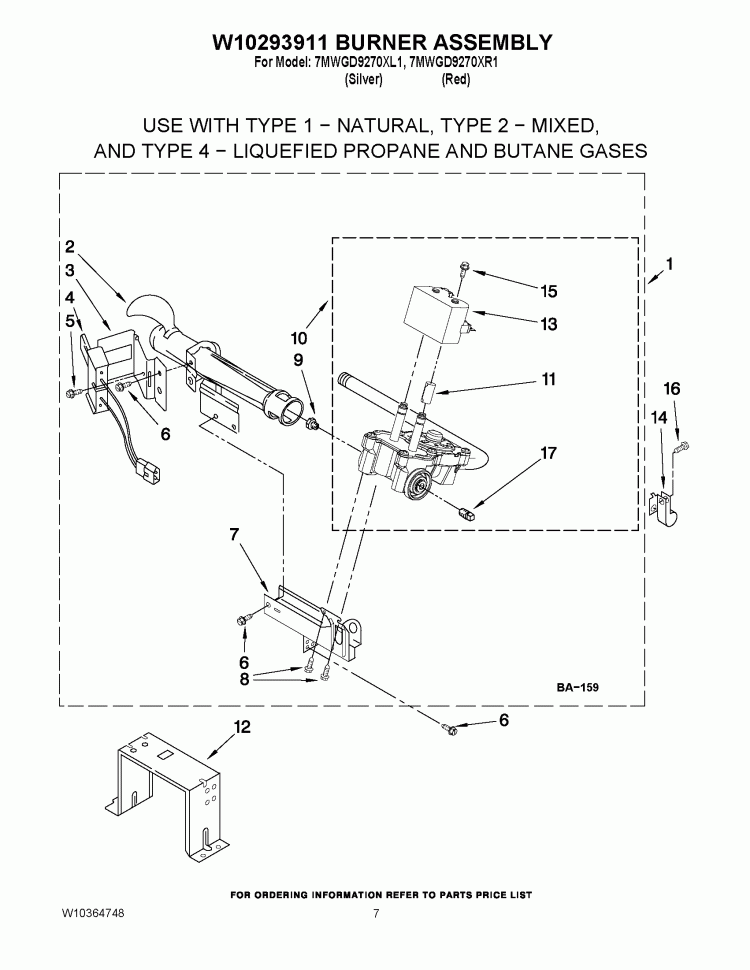 W10293911 BURNER ASSEMBLY Diagram and Parts List for 7MWGD9270XL1  Whirlpool Dryer