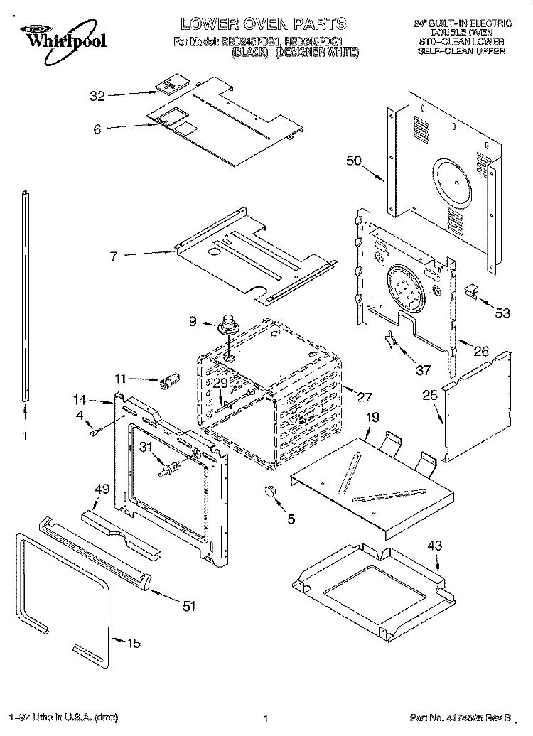 LOWER OVEN Diagram and Parts List for RBD245PDB1  Whirlpool Wall Oven