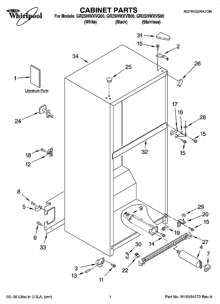CABINET PARTS Diagram and Parts List for GR2SHWXVS00  Whirlpool Refrigerator