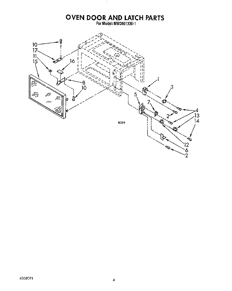 OVEN DOOR AND LATCH Diagram and Parts List for MW3601XW1  Whirlpool Microwave