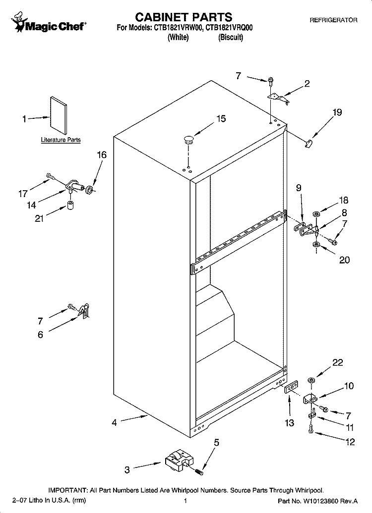 CABINET PARTS Diagram and Parts List for CTB1821VRW00  Whirlpool Refrigerator