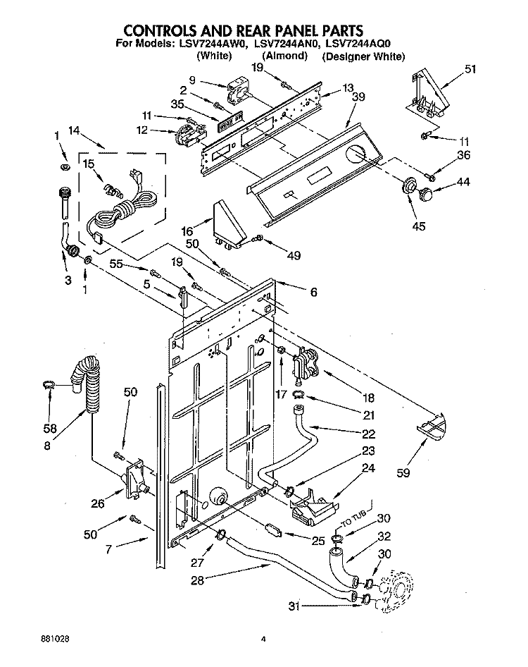 CONTROLS AND REAR PANEL Diagram and Parts List for LSV7244AN0  Whirlpool Washer