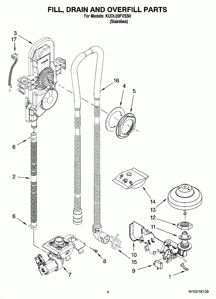 FILL, DRAIN AND OVERFILL PARTS Diagram and Parts List for KUDL03FVSS0  KitchenAid Dishwasher
