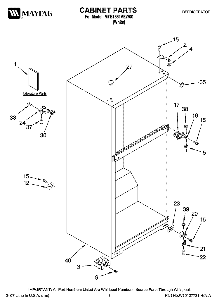 CABINET PARTS Diagram and Parts List for MTB1551VEW00  Whirlpool Refrigerator