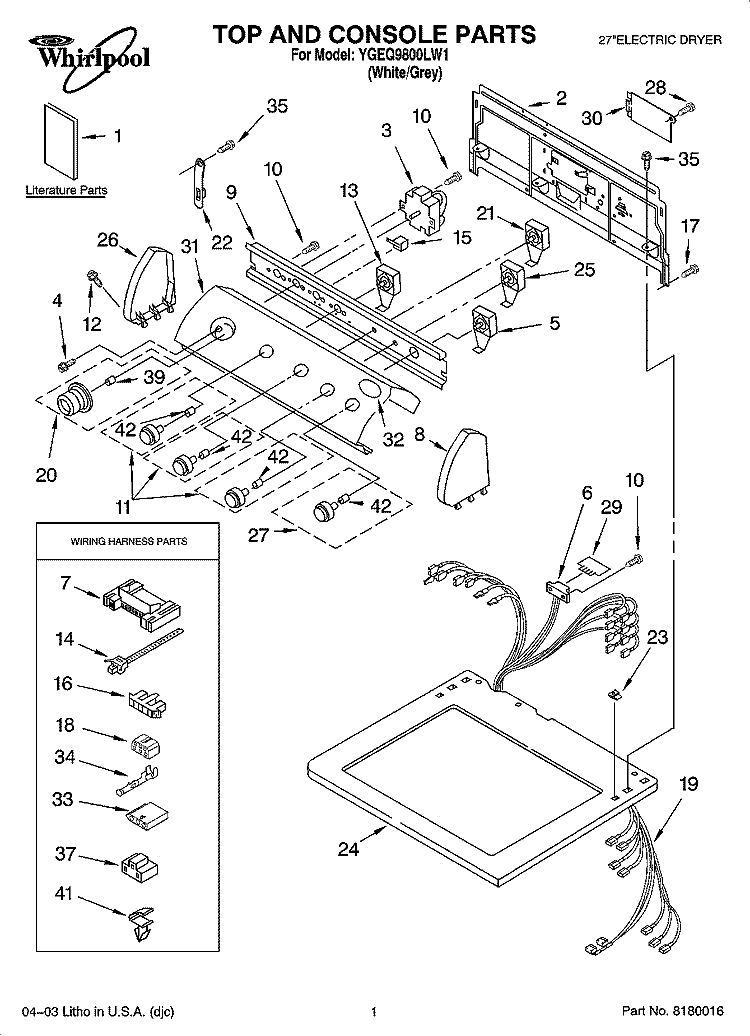 TOP AND CONSOLE PARTS Diagram and Parts List for YGEQ9800LW1  Whirlpool Dryer