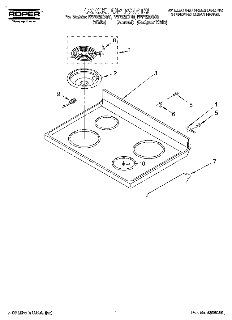 COOKTOP Diagram and Parts List for FEP330GW0  Roper Range