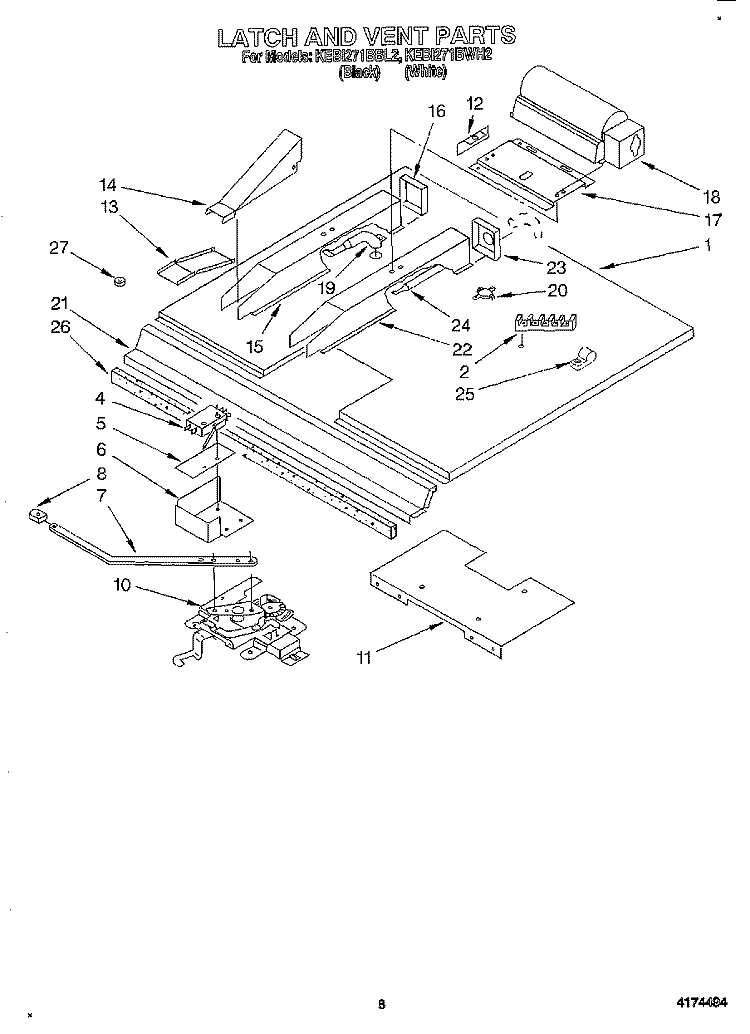 LATCH AND VENT Diagram and Parts List for KEBI271BWH2  KitchenAid Wall Oven