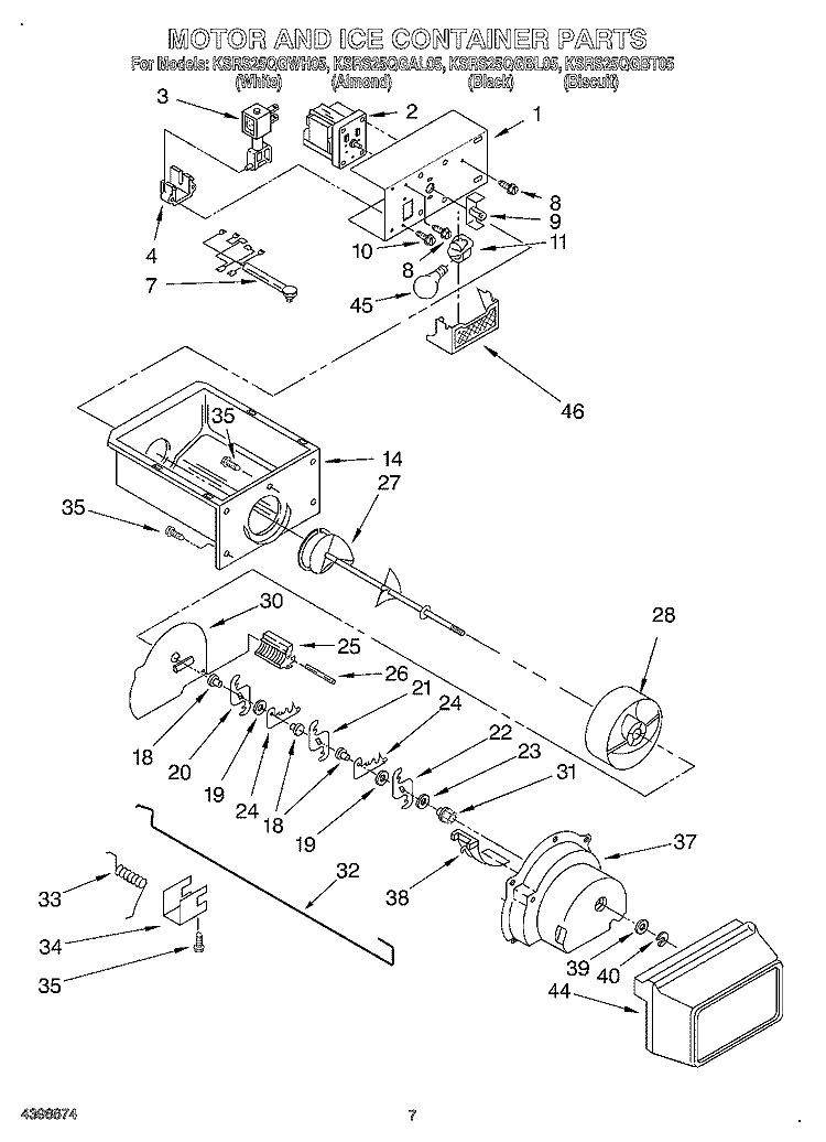 MOTOR AND ICE CONTAINER Diagram and Parts List for KSRS25QGWH05  KitchenAid Refrigerator